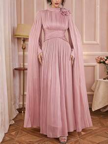 Solessence Women's Solid Color Dress, Mandarin Collar, Fabric Pleated Design, High-Waisted, Handmade 3D Floral Shoulder Decor, Fabric Spring Wedding - Dusty Pink - View 1