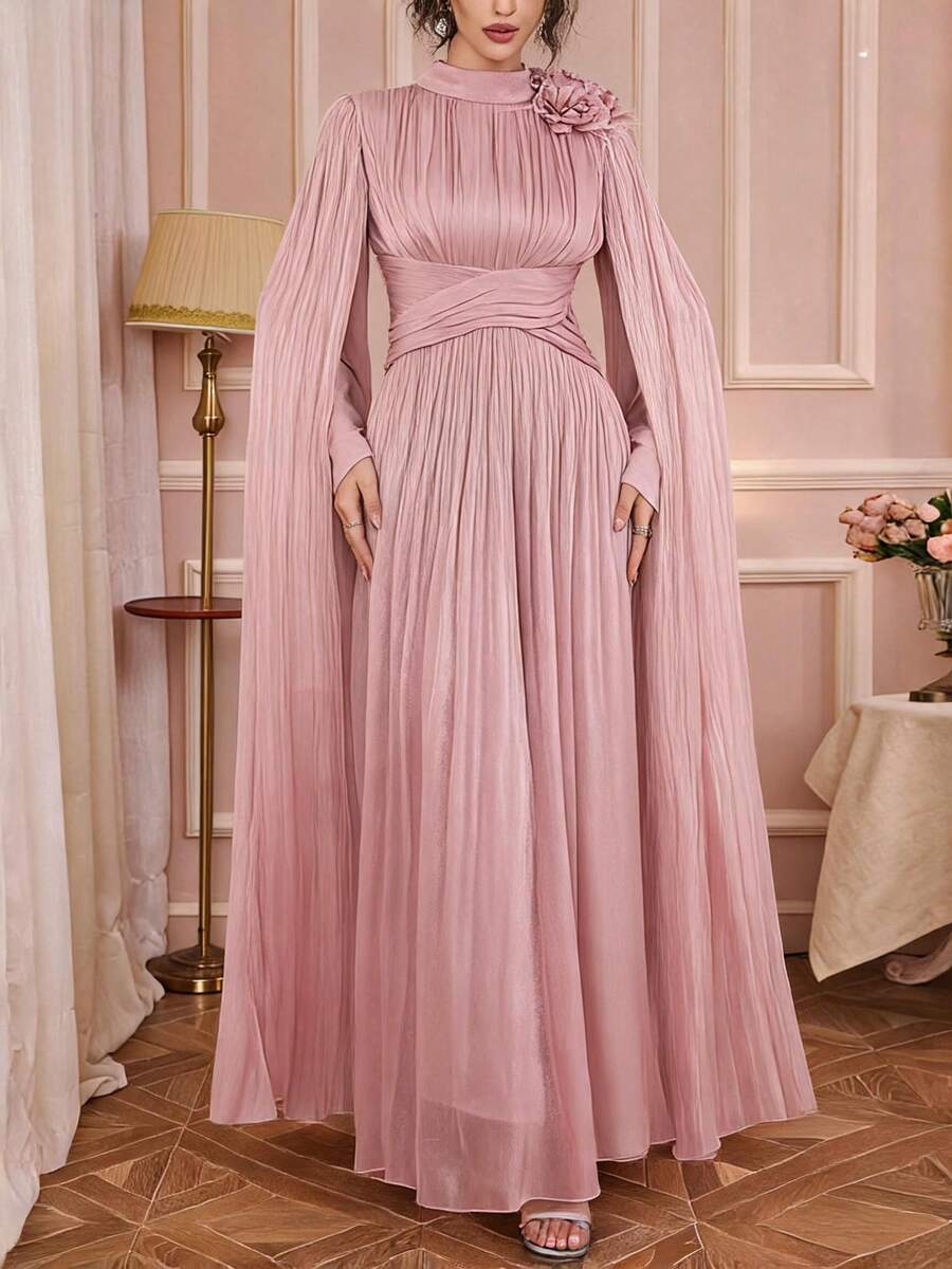 Solessence Women's Solid Color Dress, Mandarin Collar, Fabric Pleated Design, High-Waisted, Handmade 3D Floral Shoulder Decor, Fabric Spring Wedding - Dusty Pink - View 1