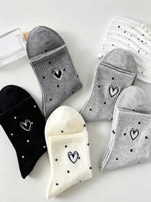 5 Pairs Assorted Women's Casual Versatile Heart Pattern Mid-Calf Socks, Comfortable Soft Cute Japanese Style - Multicolor - View 2