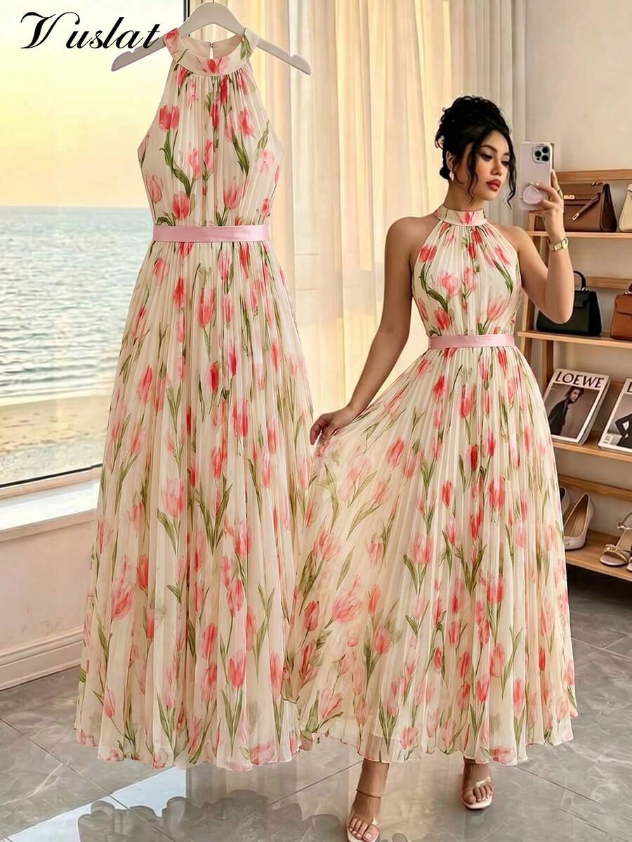 Dirp Noir 女款夏季溫柔茶會風鬱金香印花收腰蝴蝶結A字優雅長洋裝,適合婚禮賓客、畢業典禮、正式派對、優雅派對、辦公穿搭、度假穿著、夏季度假、夏季出遊、日、開學季、生日 - 黃色 - 查看 1