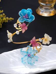 1件小眾設計花卉手臂飾品 粉色漸層樹脂花朵開口手鐲 度假配件 花卉手臂手鍊 - 藍色 - 查看 3