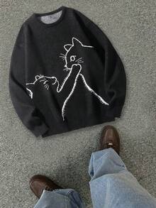 Black Round Neck Line Cat Knitted Sweater Casual Lazy Pullover For Both Men And Women - Black - View 2