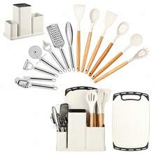 Juego de 20 utensilios de cocina de silicona y acero inoxidable: multifuncionales, con mangos de madera, accesorios de acero inoxidable, cuchillos de chef, utensilios de cocina perfectos. - Blanco - Ver 1