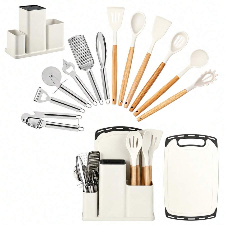 Juego de 20 utensilios de cocina de silicona y acero inoxidable: multifuncionales, con mangos de madera, accesorios de acero inoxidable, cuchillos de chef, utensilios de cocina perfectos. - Blanco - Ver 1