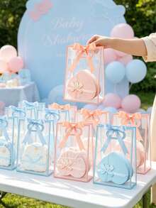 24/12/1pc Transparent Gift Bag With Ribbon, 7x10x3.15 Inch Reusable PP Holiday Gift Bag, Suitable For Baby Shower, Graduation, Wedding, Bridal Shower, Birthday Party, Business Occasions, With Hollow Handle, Gender Reveal Party Gift Bag, Guest Favors (Pink And Blue) - Multicolor - View 3