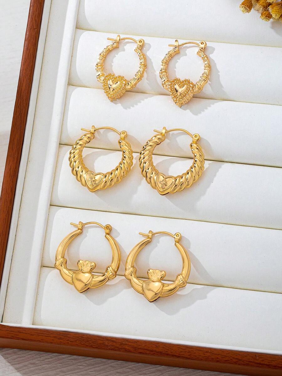 3對金屬極簡風竹節幾何圓環耳環 - 金色 - 查看 1