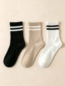 1/6 Pairs Women's Solid Color Striped Mid-Calf Socks, Soft Breathable Comfortable Casual Sports Socks, Suitable For Daily Wear, Back To School, All Seasons - Multicolor - View 4