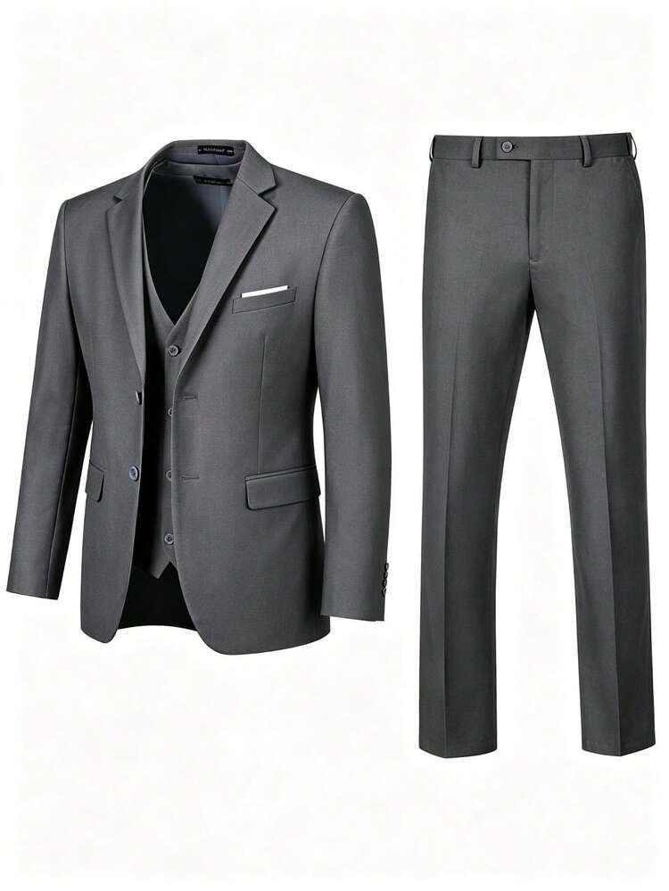Men's 3-Piece Slim Fit Formal Suit Set, Single-Breasted 2-Button Blazer, V-Neck Vest, Dress Pants, Spring/Summer Business Wedding Suit - Dark Grey - View 2