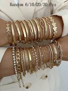 30/20/10/6pcs Vintage Geometric Pearl Crystal Braided Multi-Layer Stacking Metal Bracelet Set. Elegant Jewelry For Daily, Party & Holiday Gift - 金黃色 - 查看 3