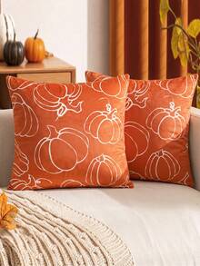 1pc Autumn Thanksgiving Minimalist Pumpkin Throw Pillow Cover, Orange Velvet With White Line Drawn Pumpkin Pattern Square Decor Cushion Case For Living Room Sofa Bed Holiday Party, Pillow Insert Not Included - Brown - View 2