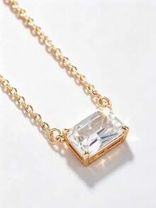 S925 Sterling Silver 14K Gold Plated Emerald Cut Moissanite Necklace, Exquisite Rectangular Pendant Collarbone Necklace, Elegant Wedding Anniversary Birthday Jewelry Gift For Bride And Girlfriend - Style a - White - View 7