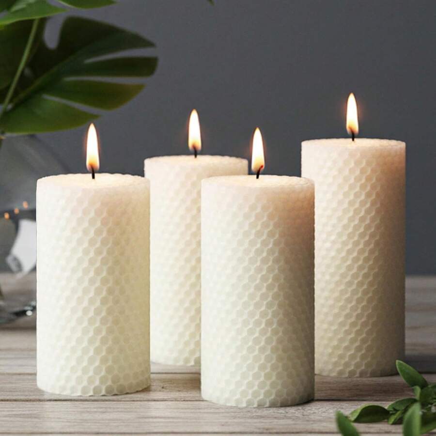 8/6/4Pcs Ivory White Honeycomb Beeswax Pillar Candles, 2*4 Inch Smokeless Unscented Hand Rolled Natural Clean Burning Decor Candles, Table Ornaments Gift For Candle Lovers - 白色 - View 1