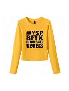 Street Style American Letter Print Design Fitted Y2K T-Shirt, Women's Autumn Long Sleeve Inner Layer Top Yellow Casual - Yellow - View 6