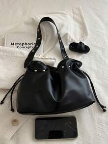 Minimalist Solid Color Soft PU Bucket Bag, Adjustable Rivet Wide Strap Crossbody Handbag For Casual Daily Dating Street Wear - Black - View 4