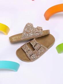 1 Pair Girls' Gradient Glitter Rose Gold Double Strap Slip-On Fashion Sandals, Suitable For Home, Walking And Playing - Rose Gold - View 5