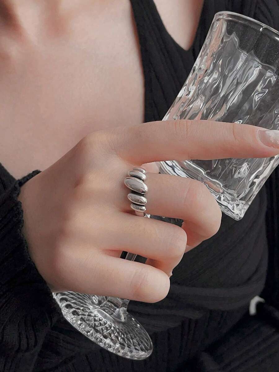 1pc Asymmetrical Geometric Pattern Silver Ring, Women's Couple Minimalist Style Date Essential Jewelry - Silver - View 1