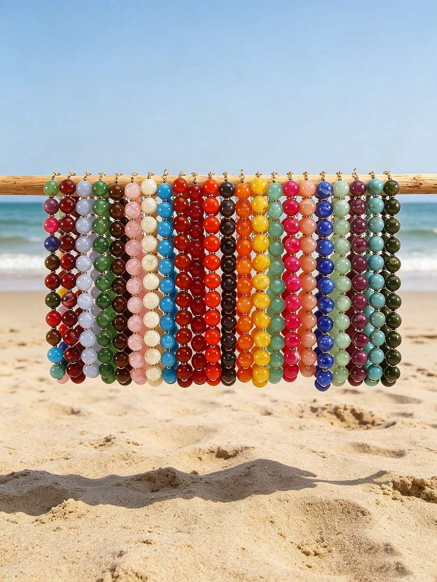 1pc European & American Bohemian Geometric Acrylic Round Bead Cloud Effect Beaded Necklace For Women, Summer Beach Vacation - Beaded Necklace - View 1