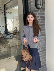 Cardigan Rajut Manis & Imut dengan Kerah dan Manset Berenda - Grey - View 7