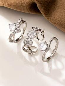 Bộ 1/3 nhẫn cầu hôn và nhẫn cưới nữ đính đá Zirconia pha lê, trang sức cô dâu, nhẫn đính hôn cho nữ, kích cỡ điều chỉnh được - Bạc - Xem 10