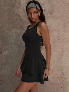 Women's Solid Color Sports Dress Set - Tennis Skirt Sports Set - Sleeveless Tank Top With Double Layer Cake Skirt - Detachable Shorts - Black Summer - Black - View 4