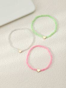 NAIZHU 3pcs Fashionable Teen Heart Multi-Layer Beaded Anklet Set, Daily & Vacation Accessory - Multicolor - View 6