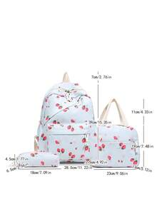 3pcs Cute Cartoon Strawberry Fruit Print Backpack Set, Large Capacity Nylon School Day Bag With Lunch Bag And Pencil Case, Multi-Pocket Casual Bookbag - 2264 - View 2