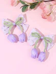 2pcs Pink Tulip Girl Bow Hair Clips, Satin Wavy Lace Edge Bow Hair Clips, Cute Flower Hair Accessories, Suitable For Daily Party Children Hair Accessories - Purple - View 10