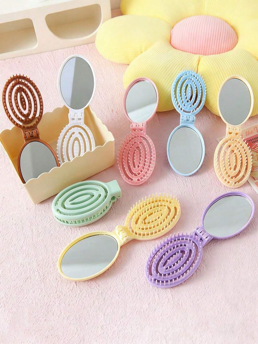 2-In-1 Foldable Mirror Scalp Massage Comb, Mini Lightweight Pocket Hairbrush, Portable Foldable Hairbrush, Suitable For Travel, Outdoor, Sports, Office, School And Daily Care, Practical Beauty Accessory And Graduation Gift, Fashionable Minimalist Macaron Folding Comb, Women's Detangling Massage Comb, Portable Makeup Round Mirror Integrated Comb - Multicolor - View 1