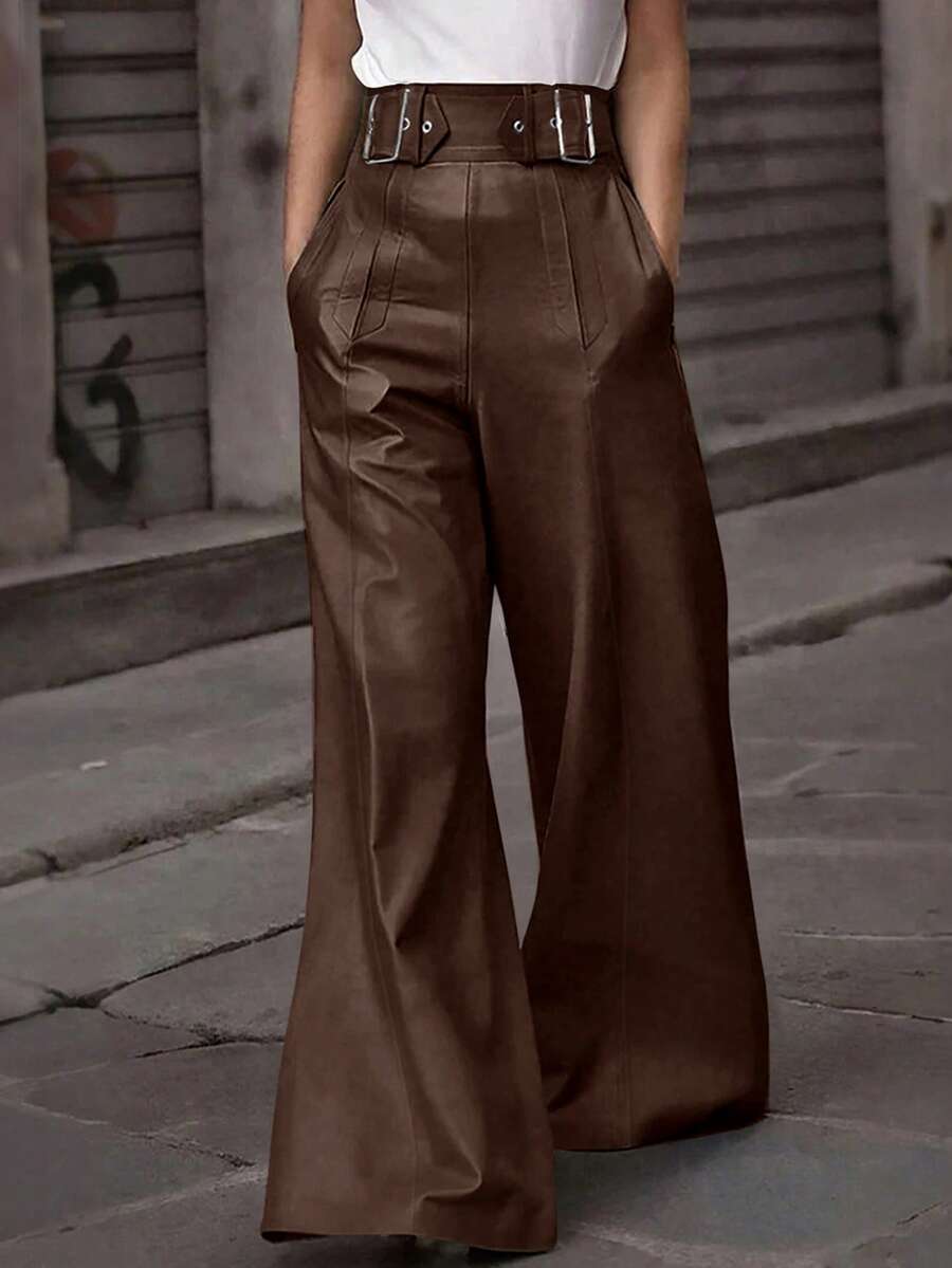 Pantalones de unicolor de talle alto elegantes para mujeres, adecuados para ir al trabajo en verano y principios de otoño - Café integral - Ver 1