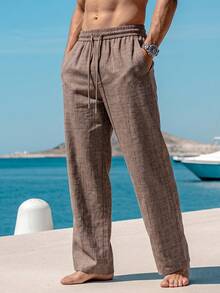 1pc Faux Linen Textured Long Pants, Men's Vacation Style Casual Long Pants, Lightweight Breathable Fabric, Beach Slouchy Relaxed Straight Leg Pants, Loose Fit Flattering Leg Shape, Comfortable Skin-Friendly, Machine Washable, Vacation Style, Beach Vacation, Island Travel Men's Pants - Coffee Brown - View 2