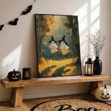 1pc Canvas Wall Art, Framed Wall Decor, Vintage Oil Painting Of Two Ghosts Wearing Wizard Hats And Riding Brooms In Autumn Forest, Atmospheric Halloween Canvas Poster, Dark Academia Vintage Aesthetic Wall Decor, Suitable For Modern Home Decoration - Ghost Witch - View 9