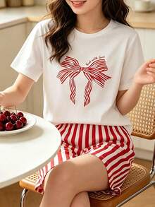 Sweet Girl's Bow Print Short Sleeve Top And Striped Shorts Set, Comfortable Princess Style Suitable For Indoor And Outdoor Daily Wear, Summer - Red and White - View 1