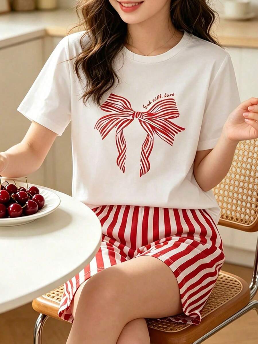 Sweet Girl's Bow Print Short Sleeve Top And Striped Shorts Set, Comfortable Princess Style Suitable For Indoor And Outdoor Daily Wear, Summer - Red and White - View 1