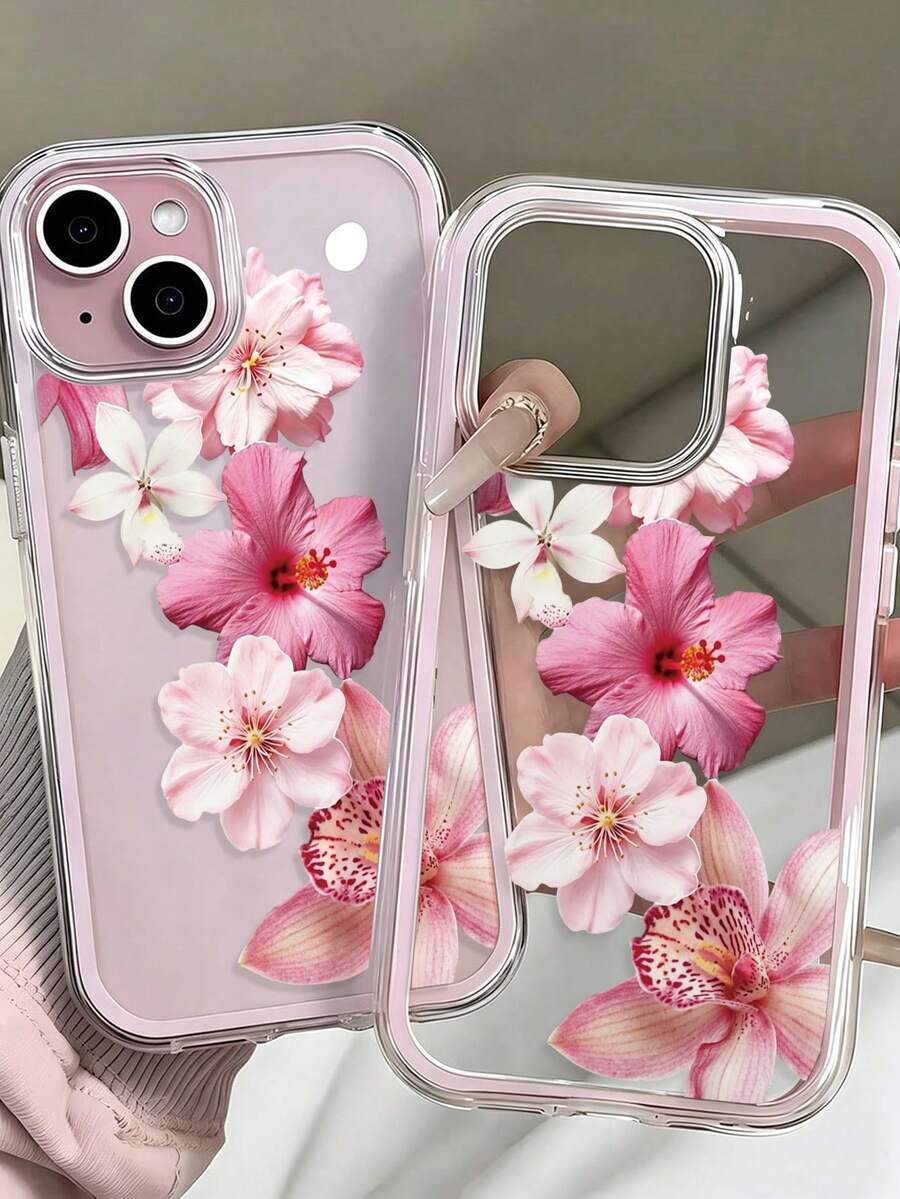 Floral Painted Hollow Minimalist 2-In-1 Pink Frame Shockproof Thickened Phone Protective Case Compatible With IPhone 17/17 Pro/17 Pro Max/16/16 Pro/16 Plus/16 Pro Max/16e/15 Pro Max/13/14/12/XS/XR/15 Pro Max/16 XR/7/8/16 Pro Max/15 Pro Max/12 Pro Max/13 Pro Max/14 Pro Max/13/11/12p/14 Women P11 Soft Shell P12 Shockproof XS/XR Phone Case Shell Protective Cover - Multicolor - View 1