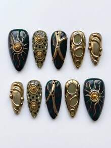 10 PCS Handmade Halloween Medium Almond Acrylic Press On Nails, 3D Gold Sun & Vintage Metal French Tip, Removable Reusable Nail Supplies Set (Jelly Glue & Nail File Incl.) - Dark Green - View 2