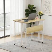 Folding Table With Wheels - Home Office Desk - 80x58x75cm - Folding Computer Desk With Bookshelf - Portable Mobile Workstation - Suitable For Small Spaces - Mustard Yellow - View 5