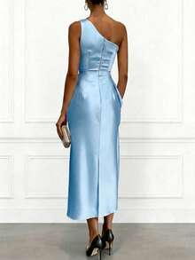 Women's Summer Evening Midi Dress, Elegant One-Shoulder Ruched Slim Fit, Satin Fabric, Sleeveless, Champagne Black Blue, Draped, Luxury Style - Blue - View 6