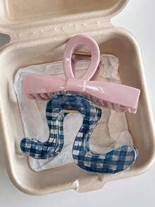 2pcs/1pc Women's Pink Bowknot Hair Claw And Blue & White Plaid Curved Hair Claw, Elegant Versatile Hair Clip For Back Of Head, Fashionable Minimalist Solid Color Hair Claw, Suitable For Daily, Casual, Party, Beach, Vacation, Hairstyle Design, Face Washing/Hair Washing, Makeup, Clothing Accessory, Spring Hair Claw, Summer Hair Claw, Autumn Hair Accessory, Winter Hair Claw - Multicolor - View 5