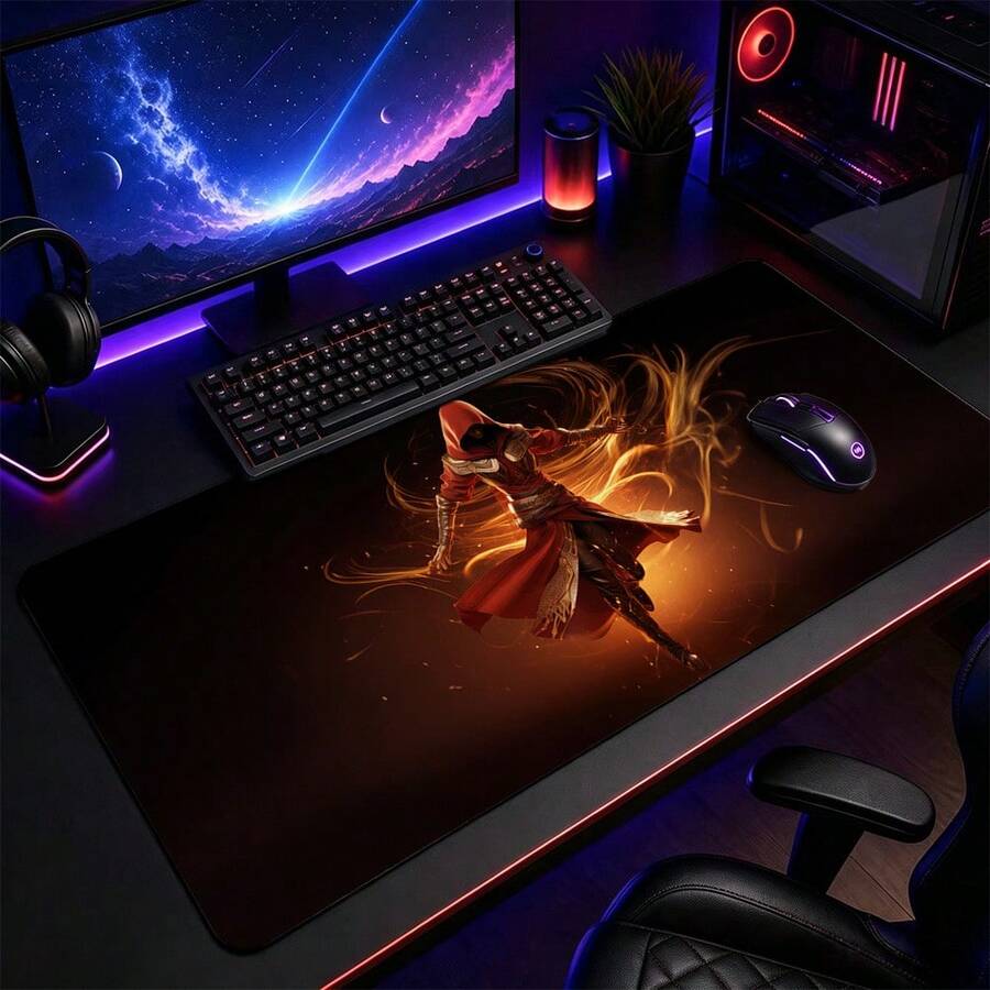 Red Cloak Hooded Mage Golden Flame Large Gaming Desk Mat, Dark Background Magic Character Print Non-Slip Rubber Extended Mouse Pad, Waterproof Long Keyboard Pad, Gaming Computer Desktop Decoration - View 1