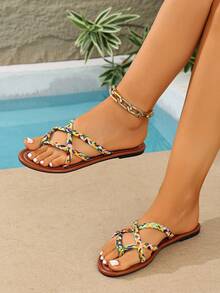 Women's Flat Sandals, Summer Vacation Style Beach Slides, Bohemian Thong Sandals - Multicolor - View 4