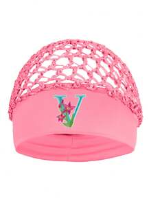 Floral Embroidered Letter Mesh Cap For Women - Personalized Initial Alphabet Elastic Wide Band Hair Bonnet, Crochet Hollow Out Night Sleep Hat - Pink - View 27