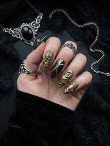 10 PCS Handmade Halloween Medium Almond Acrylic Press On Nails, 3D Gold Sun & Vintage Metal French Tip, Removable Reusable Nail Supplies Set (Jelly Glue & Nail File Incl.) - Dark Green - View 3