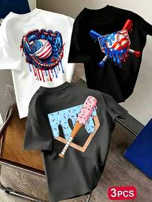 3pcs-Tween Boy Popular City Landmark Print Crew Neck Short Sleeve T-Shirt, Suitable For Boys Daily Wear, School Outfit, Streetwear, Fashion Summer Top - White - View 1