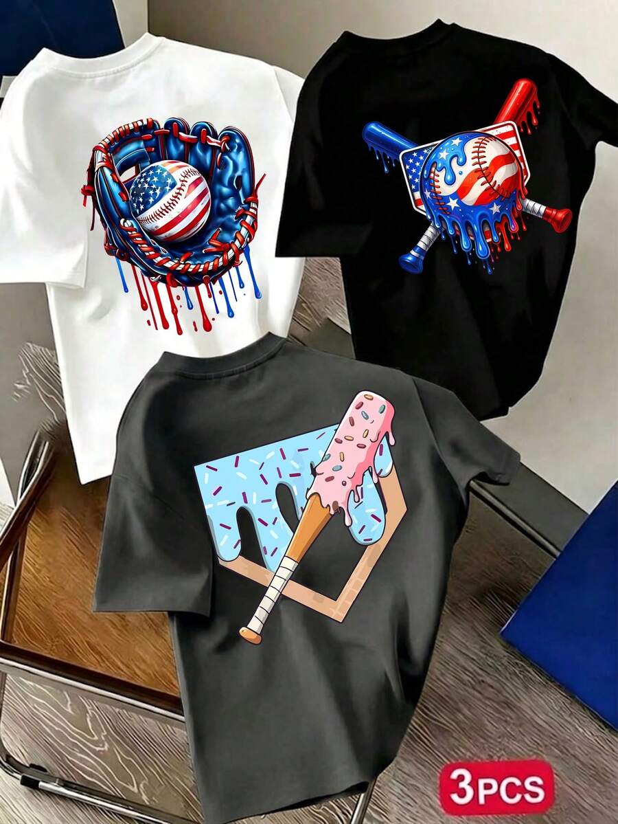 3pcs-Tween Boy Popular City Landmark Print Crew Neck Short Sleeve T-Shirt, Suitable For Boys Daily Wear, School Outfit, Streetwear, Fashion Summer Top - White - View 1