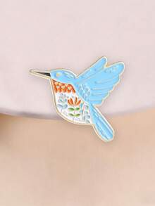 Broche Vintage Boho de Colibrí Esmaltado con Corazón Floral y Borde Dorado, Alfiler de Metal para Decoración de Bolso, Accesorio - Celeste - Ver 1