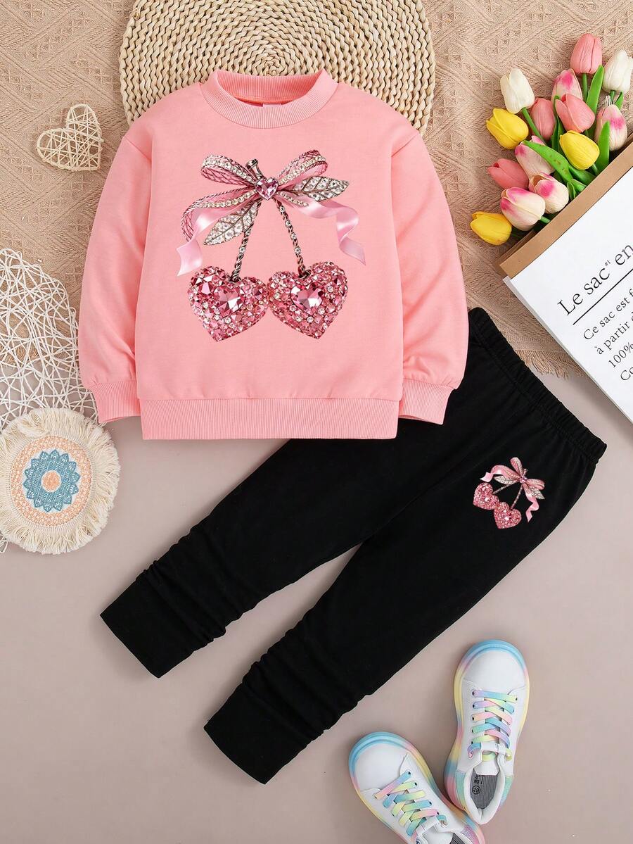 Young Girl Cherry Print Crew Neck Sweatshirt And Leggings Set - Pink - View 1