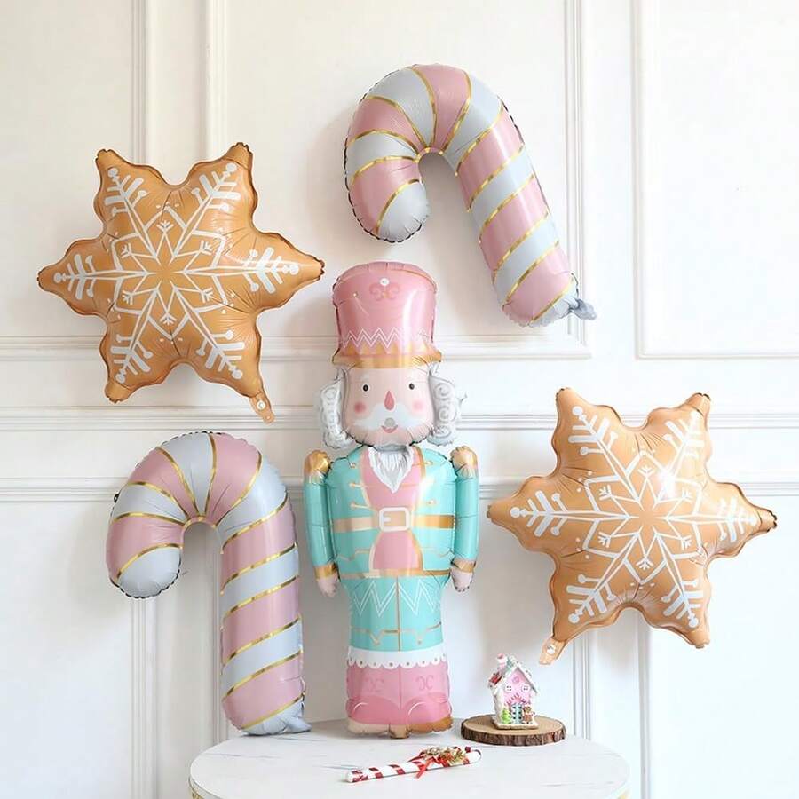 5Pcs Christmas Balloons Set, Nutcracker Soldier Cookie Color Snowflake And Pink Candy Cane Foil Balloons For Christmas Nutcracker Ice Snow Winter Gingerbread Theme Birthday Party Decorations - View 1