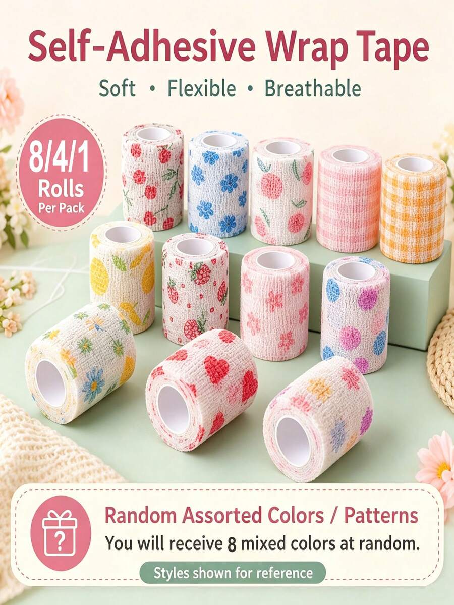 8/4/1 Roll Random Color Printed Self-Adhesive Finger Bandages, Anti-Wrinkle Wear-Resistant Finger Sleeves, Durable Finger Protection Covers, Suitable For Writing, Nail And Injured Finger Protection, Perfect For Office, Sports And Outdoor Work