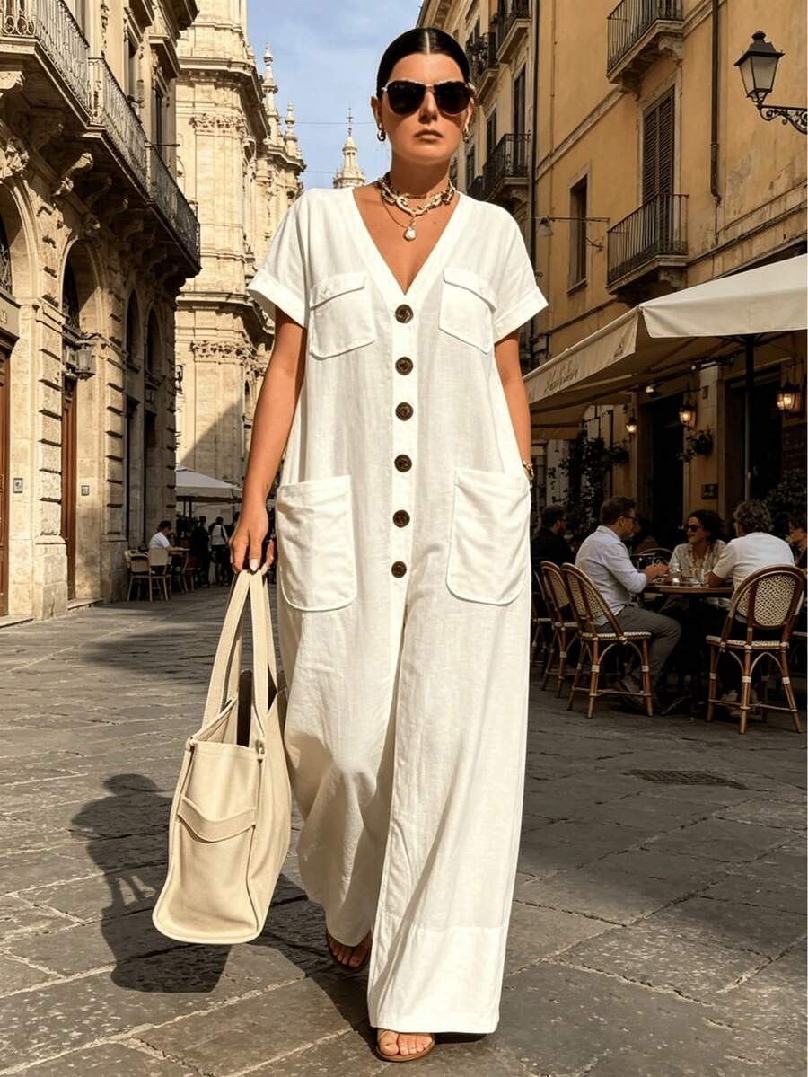 Women's Plus Size Casual White Jumpsuit, V-Neck Short Sleeve Button Front Linen Blend Wide Leg Long Romper With Pockets - White - View 1