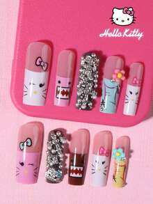 Sanrio Hello Kitty 24片長方形3D凝膠法式穿戴甲，可愛Hello Kitty與DoMo、星星、水鑽與花朵設計，完美貼合壓克力假指甲套組，含1片果凍膠與1片指甲锉，適合女性與女孩日常與派對使用 - 彩色 - 查看 3